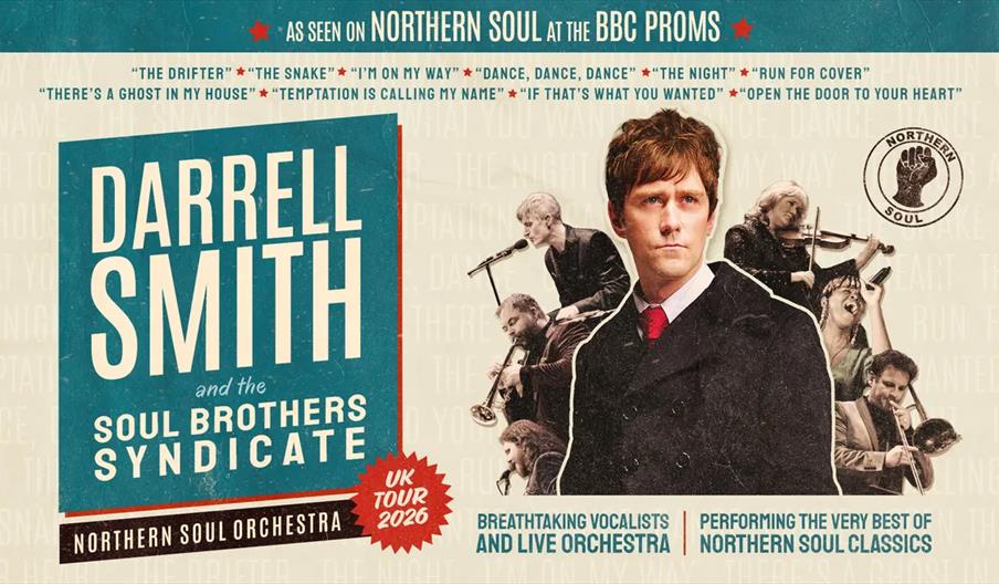 Poster for "Darrell Smith and the Soul Brothers Syndicate" featuring Darrell Smith in the foreground with members of an orchestra behind him; text hig