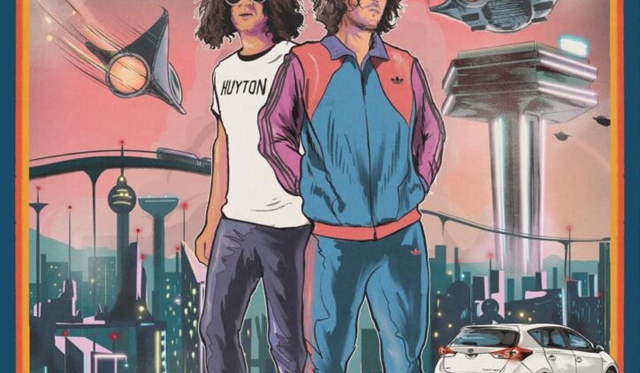 Illustrated poster for Dave Zuton's solo acoustic tour featuring James Jay Lewis, showing two people in retro tracksuits in a futuristic cityscape wit