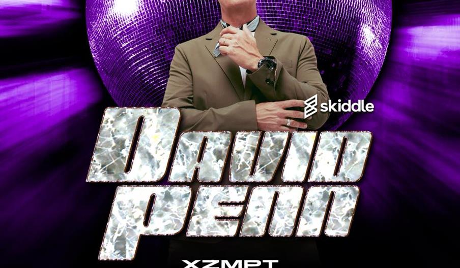 Event poster with a man in sunglasses and a suit in front of a glowing purple disco ball, featuring the large text "What the Funk?" and "David Penn."