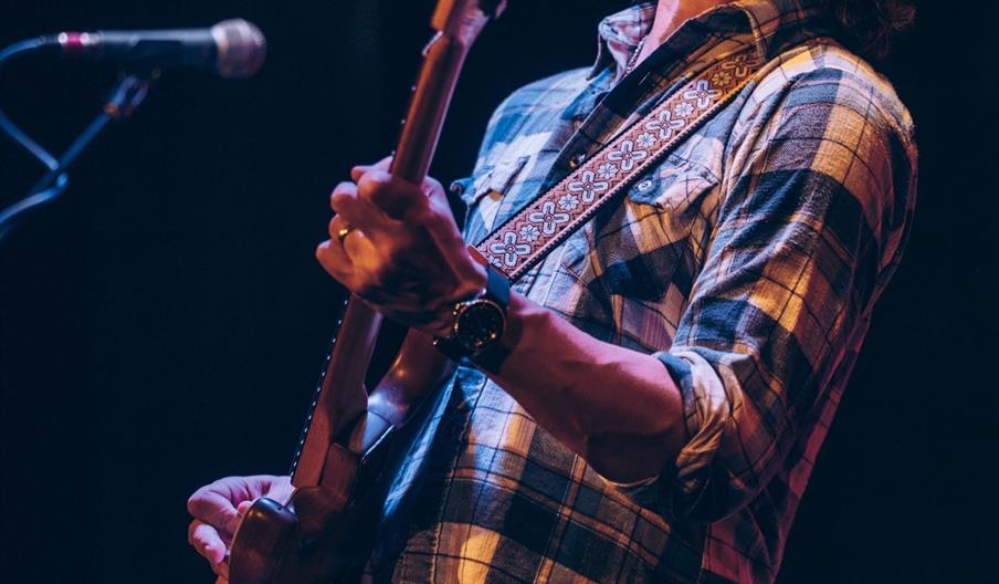 A musician wearing a plaid shirt and jeans passionately plays an electric guitar on stage, with a microphone visible in the background. The stage ligh