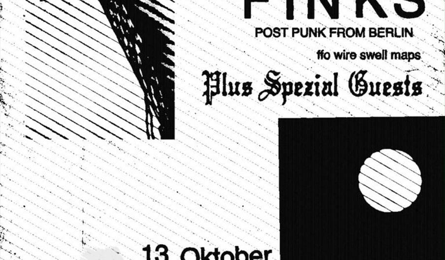 Black and white graphic gig poster for the band Dead Finks advertising a post-punk show with special guests on 13 October at The Adelphi in Kingston U