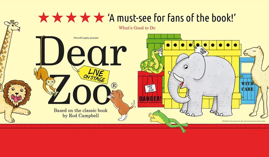 Illustrated promotional image for "Dear Zoo Live On Stage" featuring animals such as a giraffe, lion, monkey, dog, elephant, snake, frog, and camel su