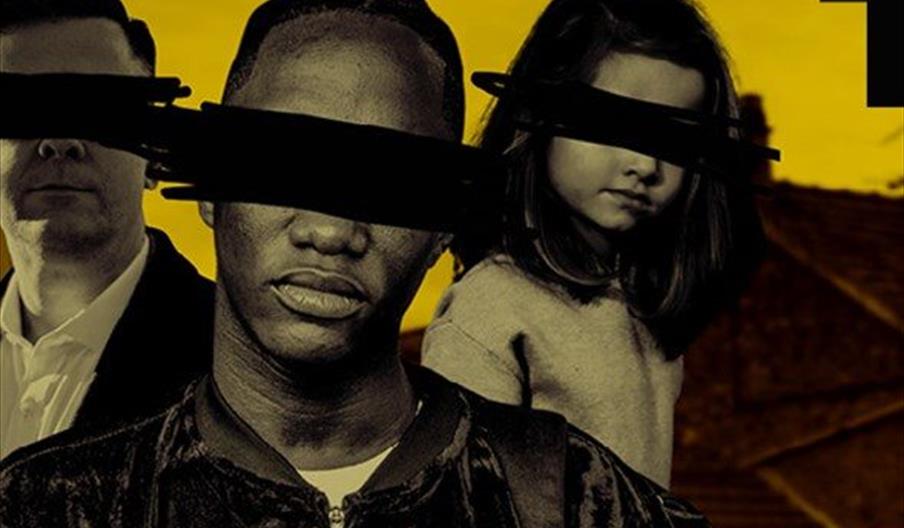 2 men and a young girl stand on a yellow background with black redacted bars over their eyes. A banner across reads 'Based on a true story'.