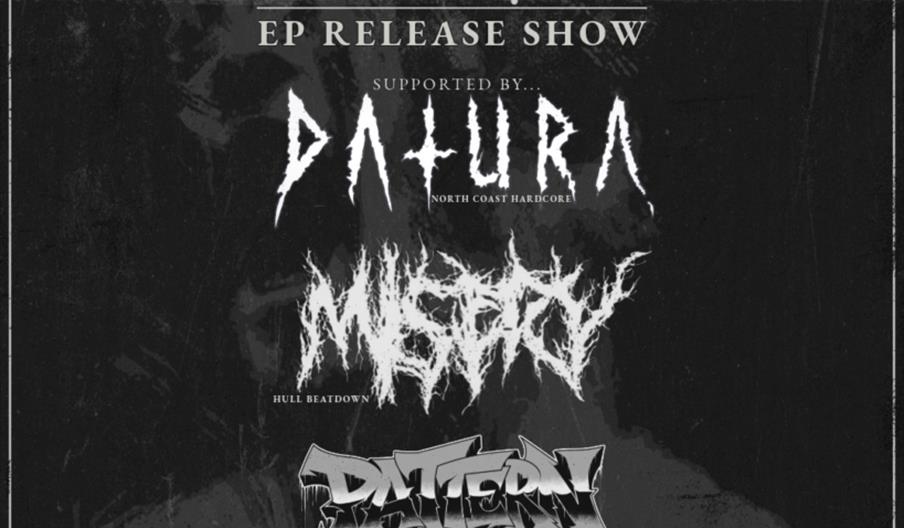 A gritty black event poster for the band Deference's "Built On Compulsion" EP release show, listing supporting acts Datura, Misery, and Pattern Up, wi