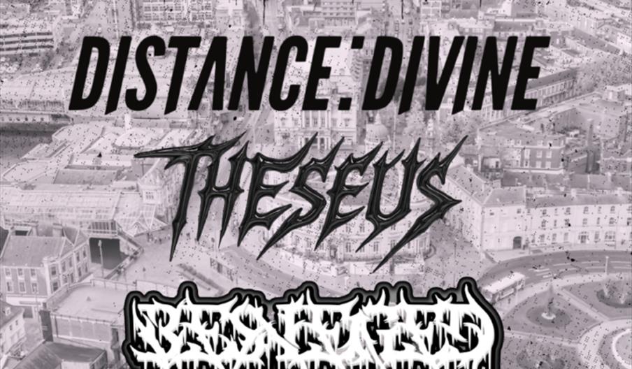 Concert flyer for a metal show featuring the bands Defector, Distance Divine, Theseus, and Discontent at The New Adelphi Club in Hull on Sunday, March