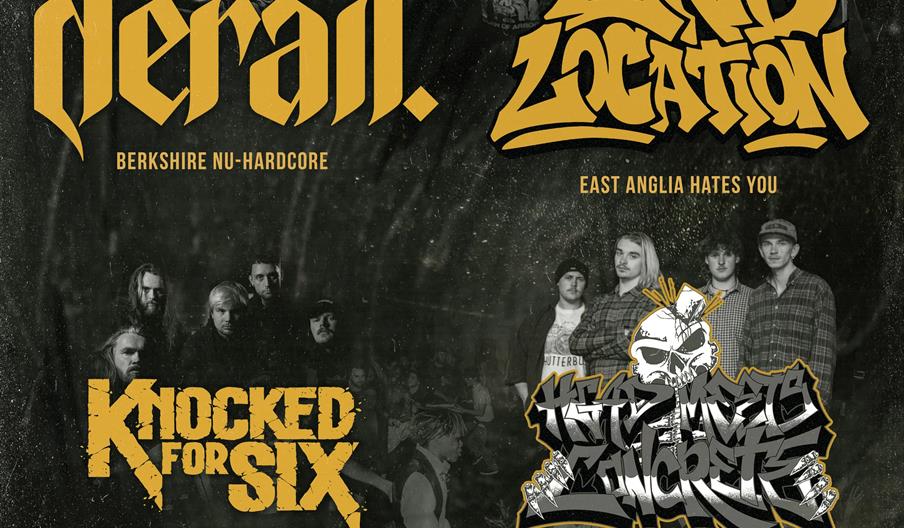 4 band logos reading 'derail.', '2nd location', 'Knocked for Six' and 'Head Meets Concrete', shown to be performing at Dive Hu5 on the 11th October 20