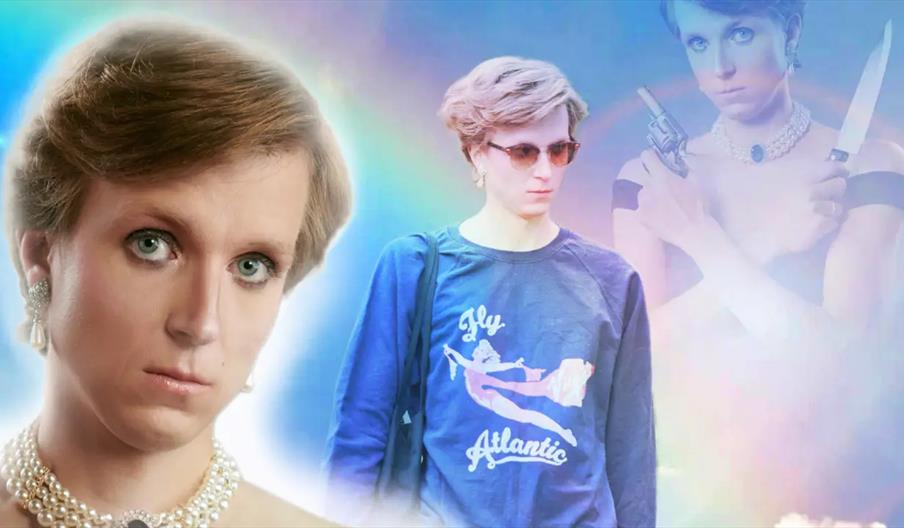 A collage featuring three images of the same person with short light brown hair: on the left, a close-up with pearl jewelry looking serious; in the ce