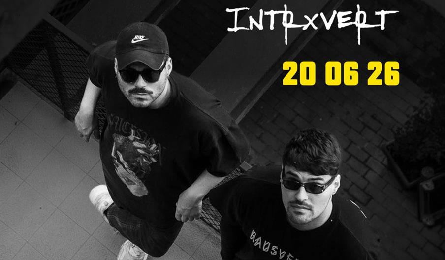 Black and white event poster featuring two men in dark clothing and sunglasses looking up at the camera; large yellow text reads "DI CHIARA BROTHERS,"