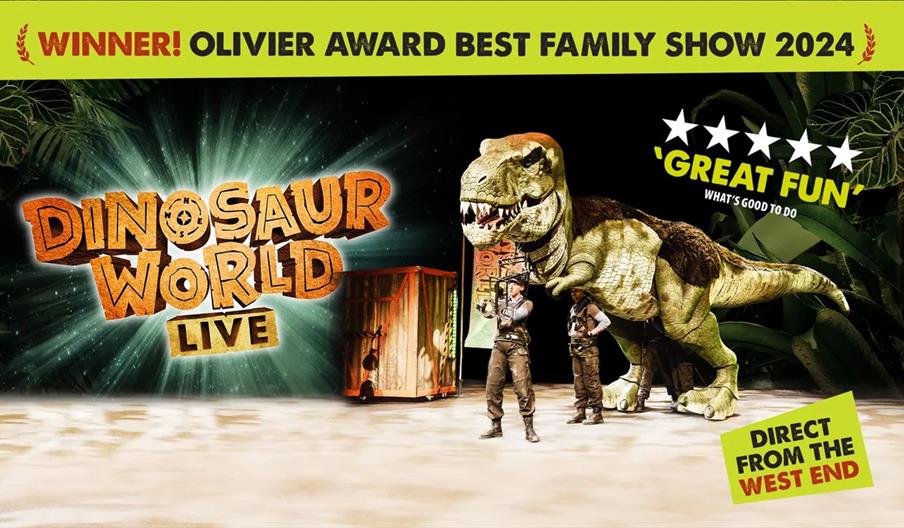 Promotional image for "Dinosaur World Live" featuring two performers standing in front of a large dinosaur puppet on stage, with bold text announcing