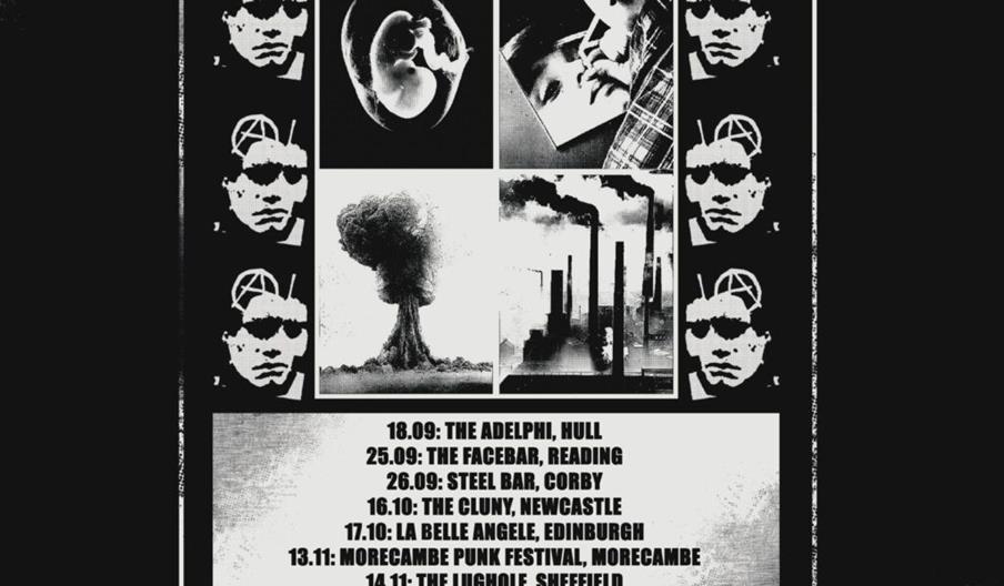 A black and white concert poster for UK Tour 2026 featuring the band Discharge, with their logo at the top. The center shows collage-style images incl