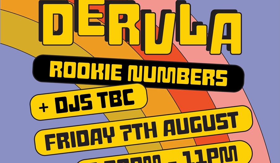 Colourful event poster with retro rainbow stripes on a purple background, advertising "Disco for Derula" featuring Rookie Numbers, DJs TBC, on Friday