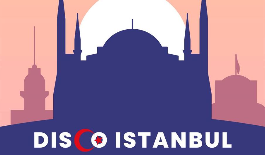 A stylized event poster featuring a silhouette of Istanbul's skyline, including the Hagia Sophia, at sunset. Above, Turkish flag banners hang, and bel