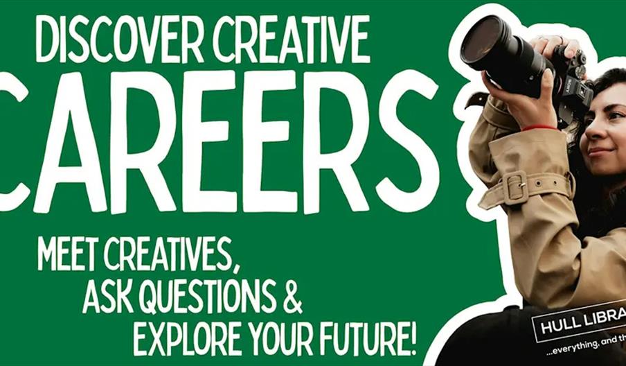 Promotional image with the text "Discover Creative Careers. Meet creatives, ask questions & explore your future!" on a green background, featuring a p