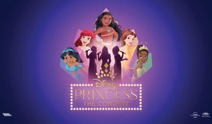 Illustrated Disney princesses, including Moana, Ariel, Belle, Jasmine, and Tiana, surround the silhouettes of three female performers singing on stage