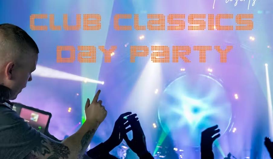 Promotional image for a "Club Classics Day Party" presented by DJ Steve Cable, showing a DJ performing with colorful stage lights and silhouettes of a
