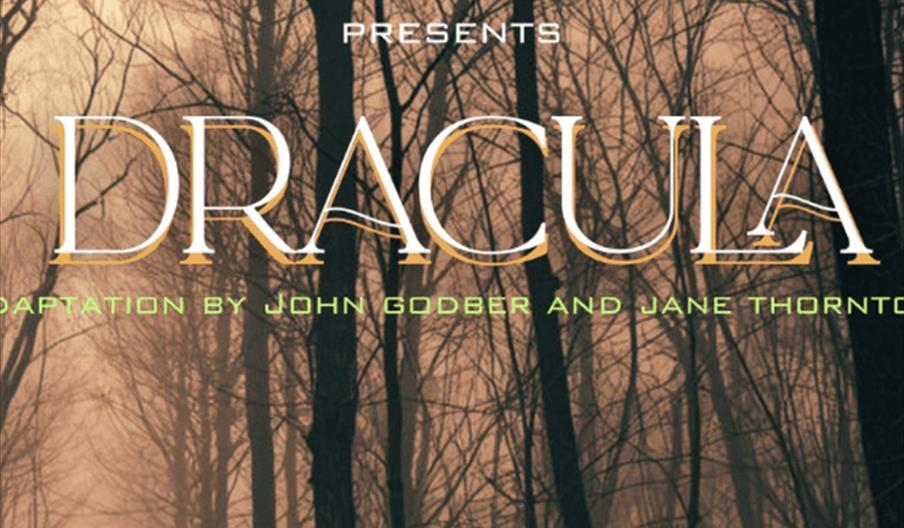 A promotional poster for a production of "Dracula" by DramaWorks, featuring tall, bare trees in a foggy forest. Performance dates and times are listed