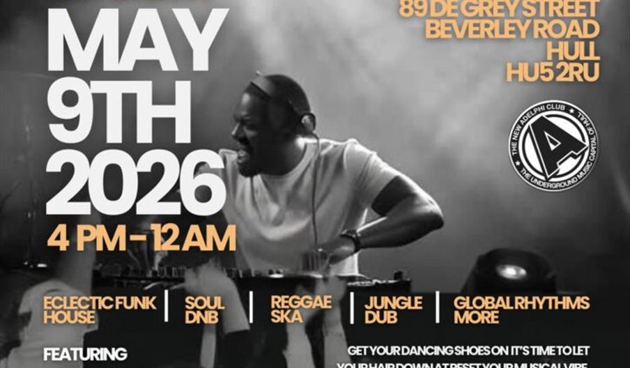 Promotional poster for "Eclectic All Dayer" at New Adelphi Club, Hull on Saturday, May 9th, 2026, from 4 PM to 12 AM, featuring various music genres a