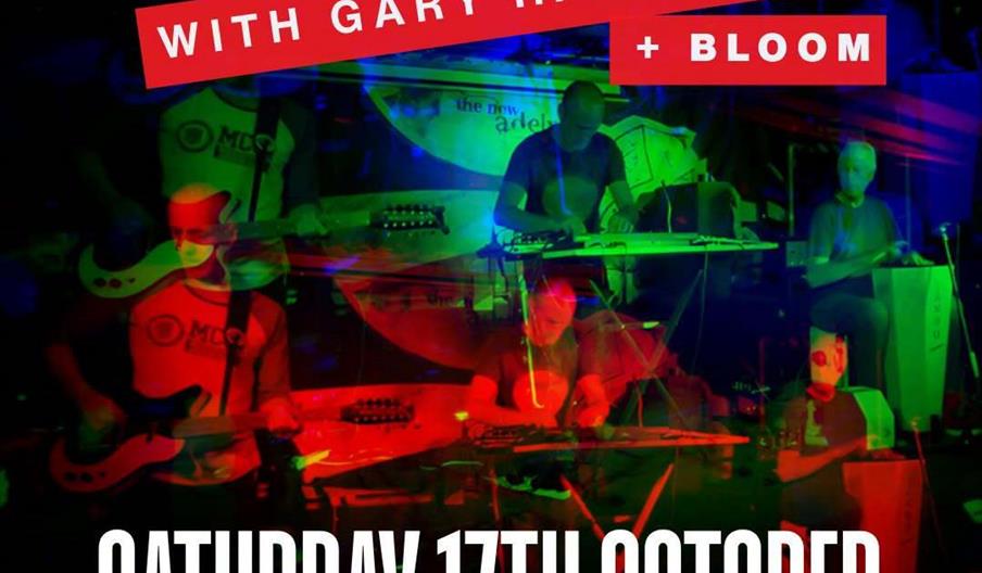 Concert poster for "Electrofurnace with Gary Hammond + Bloom," featuring a band performing with colorful stage lighting. The event is on Saturday, 17t