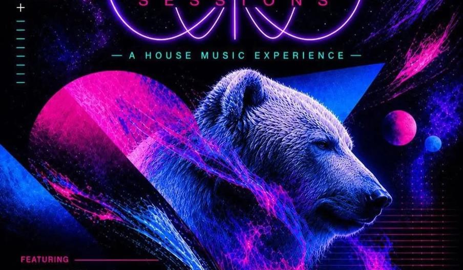 Colourful event poster for "Elysium Sessions: A House Music Experience" featuring a neon glowing bear with cosmic and planetary graphics, event date J