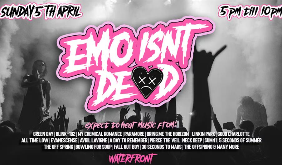 A promotional poster for an event called "Emo Isn't Dead," featuring a black-and-white concert scene with a guitarist, cheering crowd, and smoke. Brig