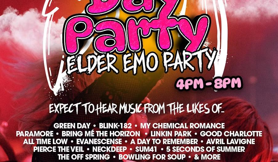 A colourful event flyer with bold pink and white text advertising an "Elder Emo Party" day party from 4pm to 8pm, featuring music from bands like Gree