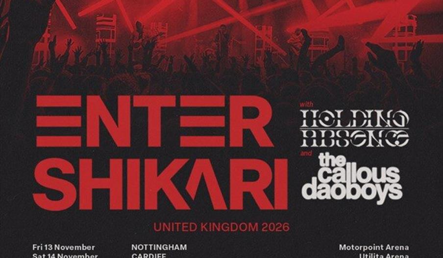 Concert tour poster for Enter Shikari's United Kingdom 2026 tour, featuring support acts Holding Absence and The Callous Daoboys, listing tour dates a