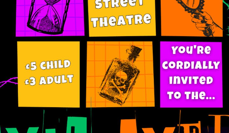 Colourful Halloween party poster with spooky graphics including a crow, mirror, hourglass, and poison bottle. Text details: "25 Oct, 4pm-8pm, Park Str