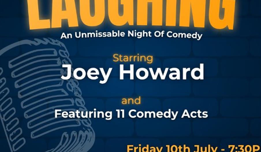 Poster for "Exit Stage Laughing," a charity comedy night at Park Street Theatre starring Joey Howard and featuring 11 comedy acts, happening Friday 10