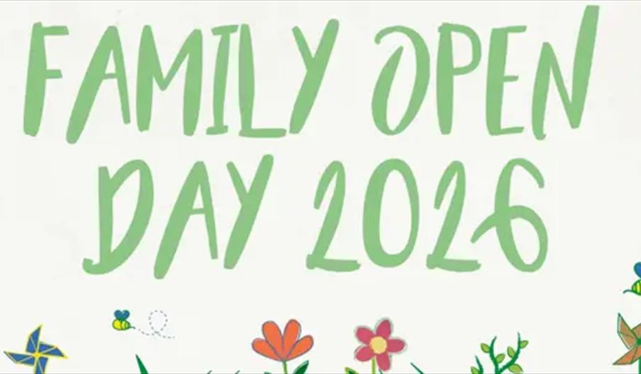 Illustration with the text "Family Open Day 2026" in large green letters, surrounded by colorful flowers, butterflies, bees, pinwheels, and leaves.