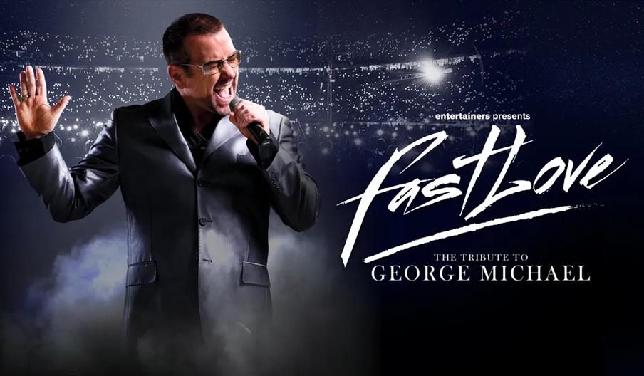 A man wearing sunglasses and a suit passionately sings into a microphone on stage with a stadium crowd behind him. The text beside him reads "Fastlove