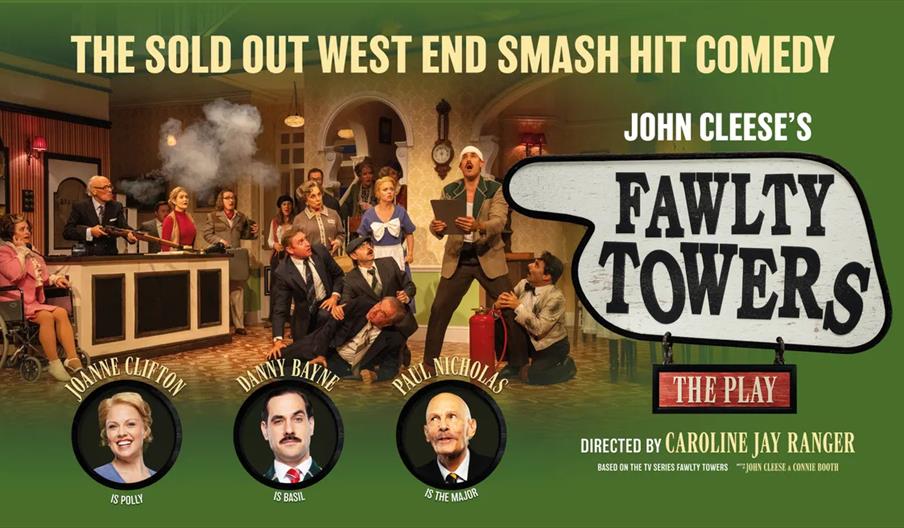 Promotional poster for the stage play "Fawlty Towers," showing a chaotic hotel lobby scene with actors in costume, smoke in the background, and featur