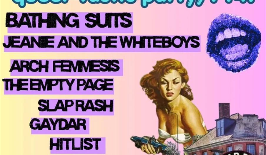 Event poster for "A femme-centric, queer-tastic party, PT4!" presented by Twisted Nipple Events, featuring band names and details for a show at Polar