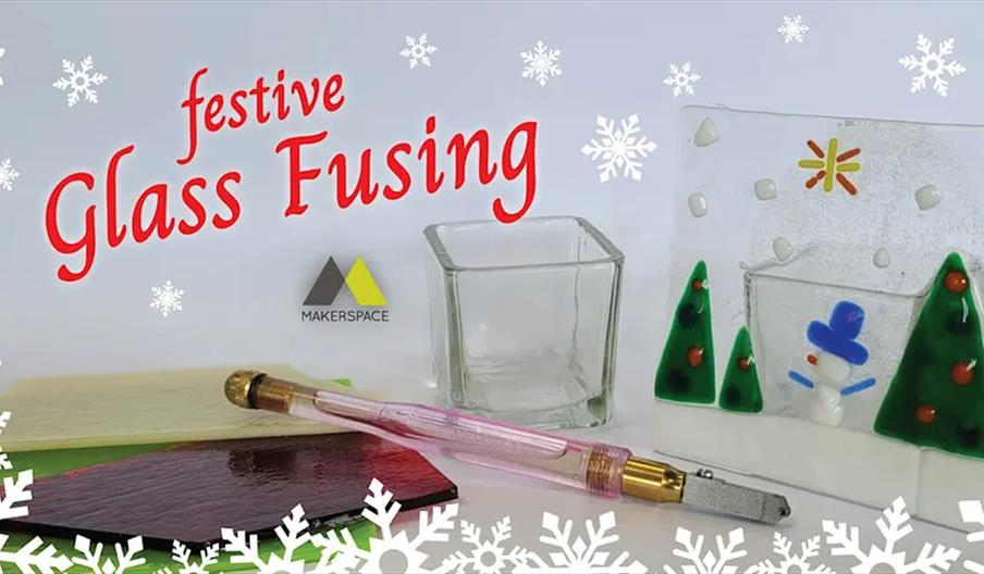 A holiday-themed image featuring glass fusing supplies, including a square glass container, a glass panel decorated with a snowman and Christmas trees