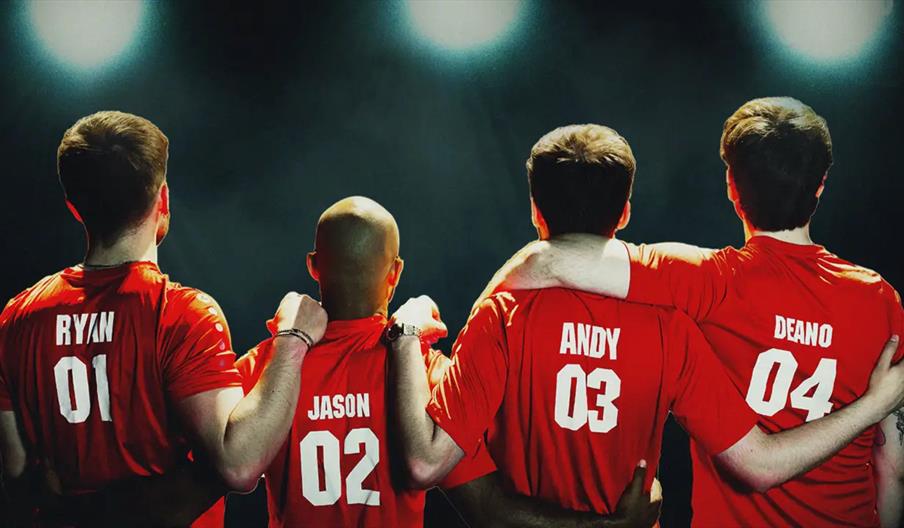 Four men wearing matching red shirts with their names (Ryan, Jason, Andy, Deano) and numbers (01 to 04) on the back stand side by side with their arms