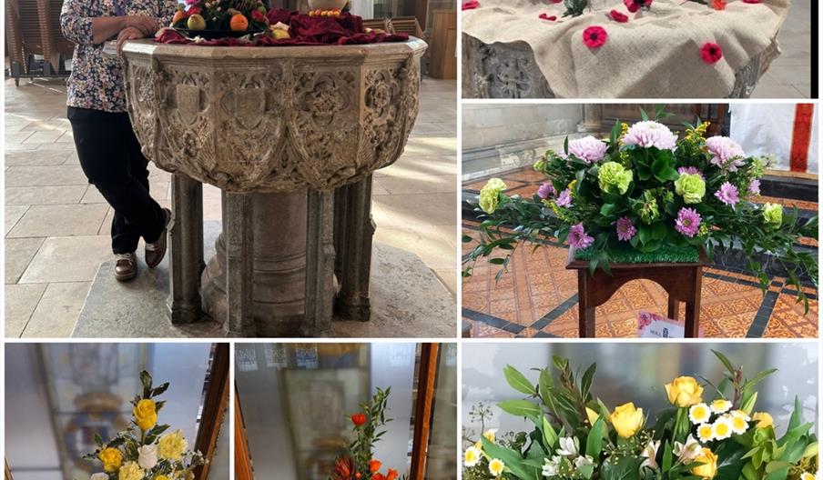 A collage of six photos showing various floral arrangements inside a church. The largest image features a woman leaning against a stone font decorated