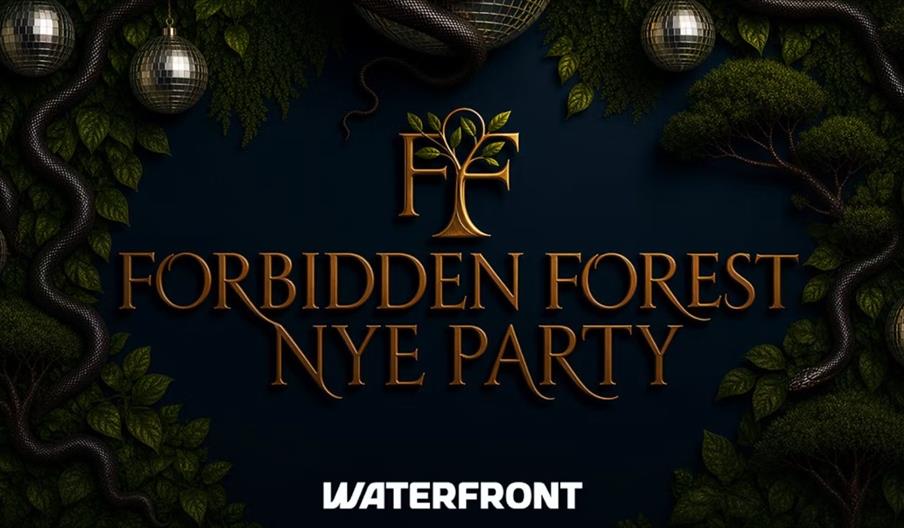 Digital poster for a "Forbidden Forest NYE Party" at Waterfront, with gold text against a dark forest-themed background featuring snakes, greenery, an