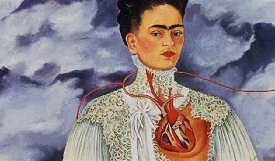 Painting of a woman in a high-collared lace blouse with part of her chest opened to reveal an anatomically detailed heart, set against a cloudy sky; r