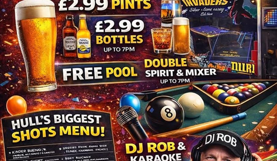 Colourful promotional poster for Service Station Cocktail Bar advertising "Friday Kickstart" with drink specials, free pool, a large shots menu, and D