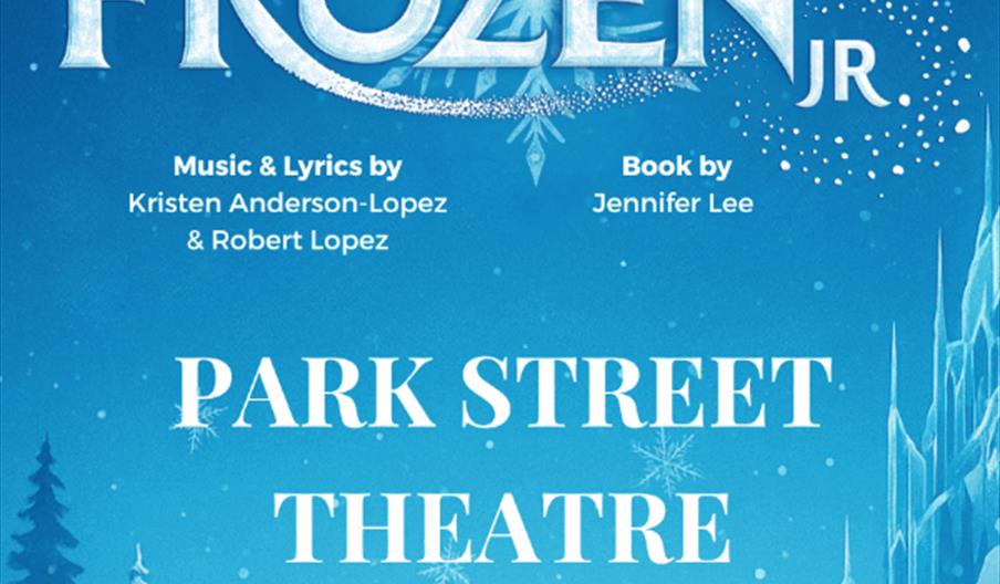 Promotional poster for Disney's Frozen Jr. at the Big Malarkey Festival, showing frosty blue artwork with snowflakes, the event name, venue as Park St