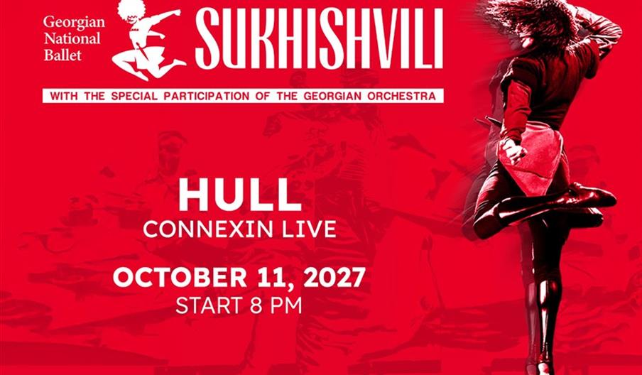 Promotional poster for the Georgian National Ballet Sukhishvili with the Georgian Orchestra, featuring a dynamic image of a dancer mid-leap on a red b