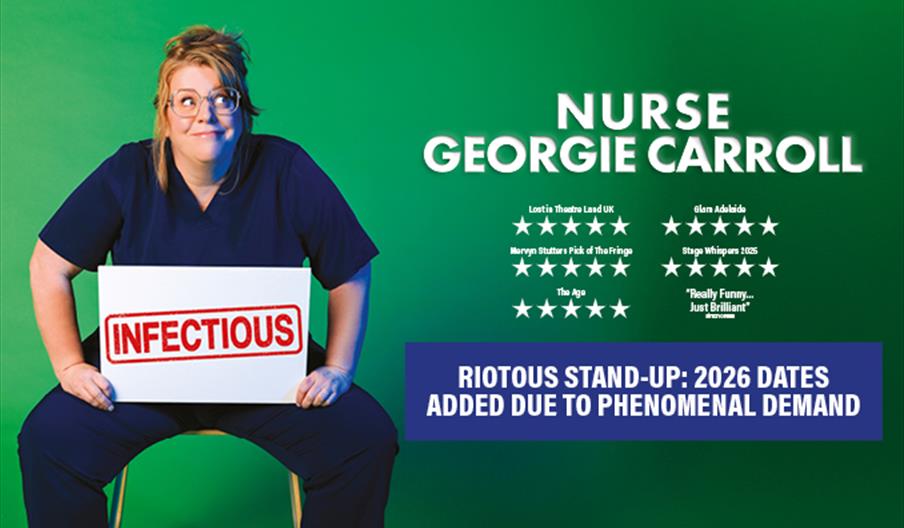 A woman in navy blue scrubs sits on a chair against a green background, holding a sign that says "INFECTIOUS." Text on the right promotes "Nurse Georg