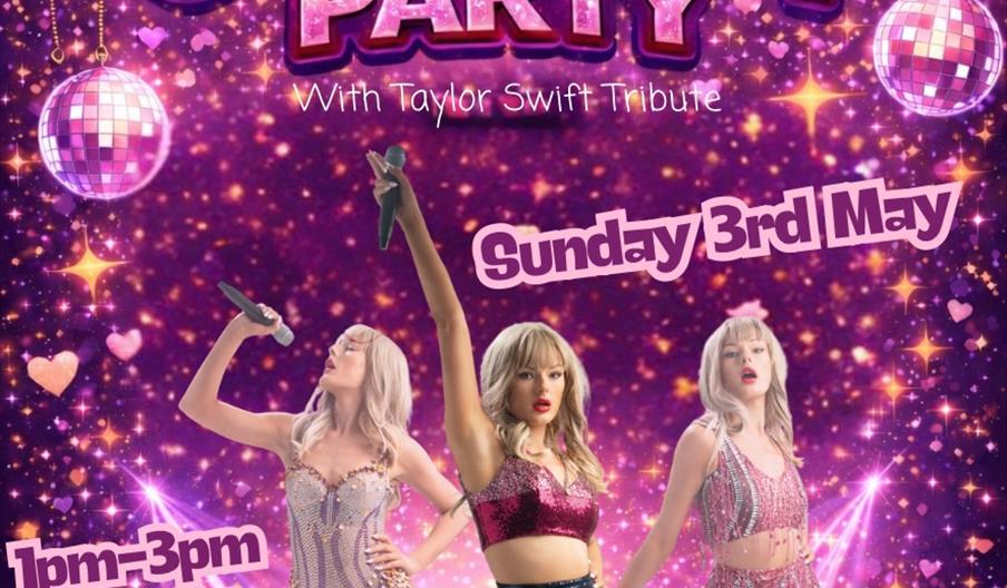 A vibrant event poster for "Little Legends Presents: Glitter Pop Party with Taylor Swift Tribute," featuring three women dressed in sparkly pop star o
