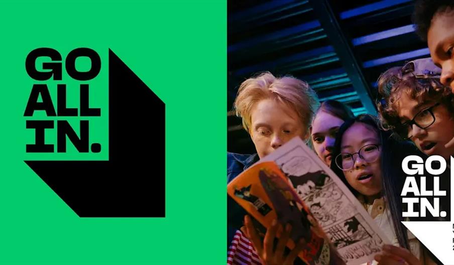 A split image: on the left, a green background with bold black text "GO ALL IN." inside an abstract geometric shape; on the right, a diverse group of
