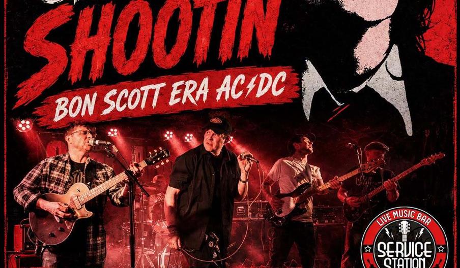 Poster for "Hull Rock Night" featuring "Gone Shootin," an AC/DC tribute band for the Bon Scott era, with an illustrated image of a man in a schoolboy