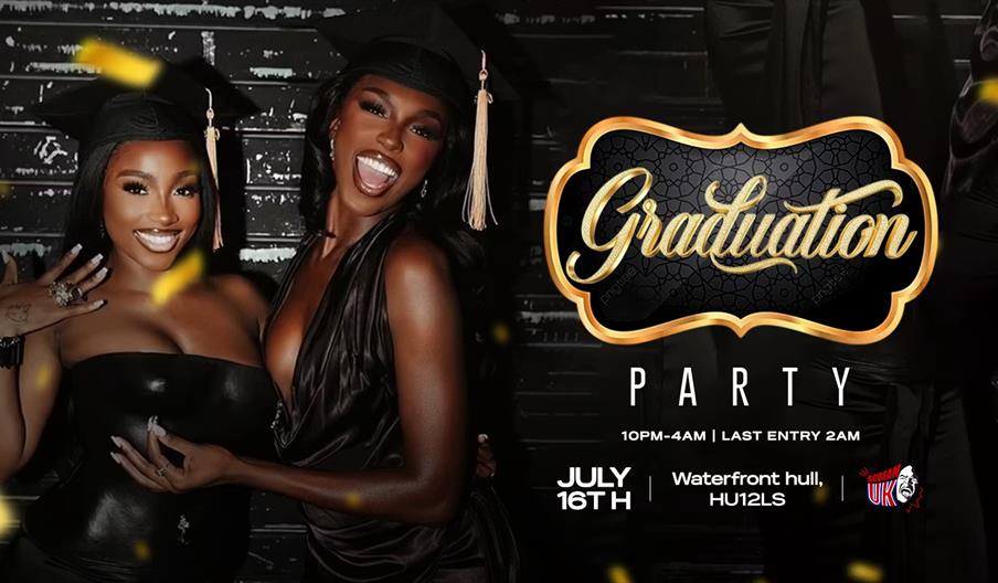 Two women wearing graduation caps and stylish outfits smile and pose together in front of a dark backdrop. Beside them, golden and white text reads "G