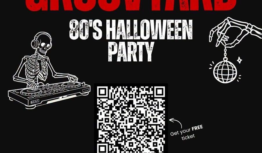Event poster for "Groovyard 80's Halloween Party" presented by Federation of Sport, featuring bold red and white text, a skeleton DJ, a skeleton hand