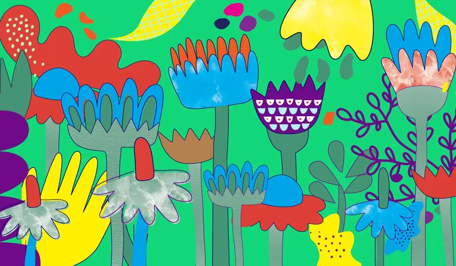 Colourful abstract illustration of various stylized flowers and plants with bold shapes and patterns on a green background, featuring shades of blue,