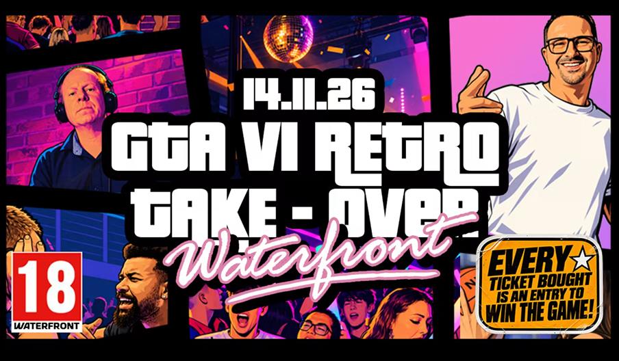 A colorful event poster for "GTA VI Retro Take-Over Waterfront" on 14.11.26 features stylized artwork of people dancing, a DJ, a disco ball, and a man