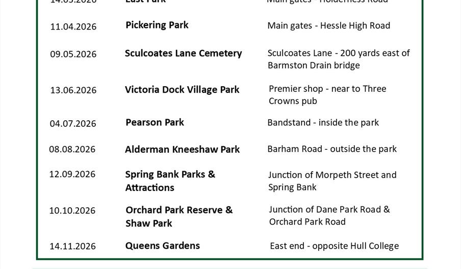 Poster advertising free Guided History & Trees Walks on various Saturdays in 2026, listing dates, venues, and meeting places for each walk, and noting