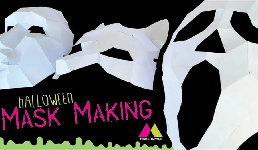 Three white, angular paper masks are displayed against a black background, with the text "Halloween Mask Making" in bright, playful lettering and a Ma